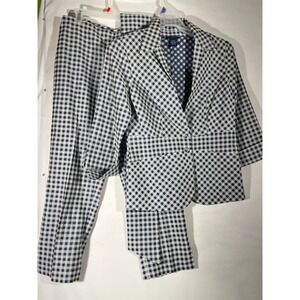 Doncaster Collection Silk Blend Gingham Pant‎ Suit W/Sash Belt Women 10 Navy